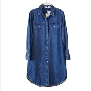 MNG Denim peal snap button front chambray dress women's size XS NEW